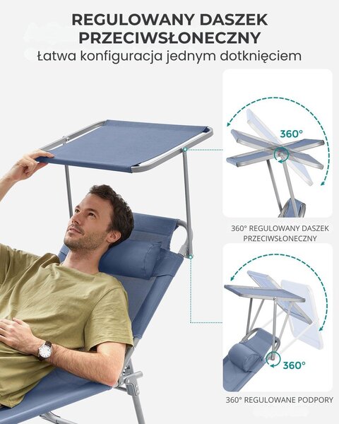 Leżak ogrodowy LAGUNA z regulowanym daszkiem, 193x53x29cm, niebieski SongmicsHome