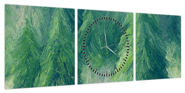 Obraz - Malowane drzewa iglaste (z zegarem) (90x30 cm)
