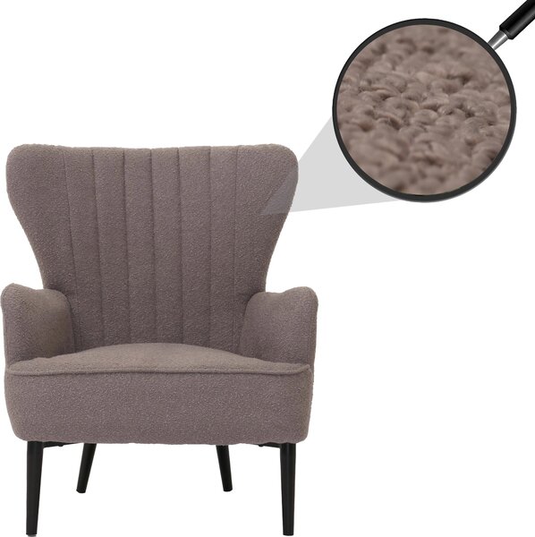 Fotel wypoczynkowy HWC-K37, fotel koktajlowy/fotel uszny, obity tkaniną bouclé (600 g/m²), kolor jasnoszary, styl retro/vintage