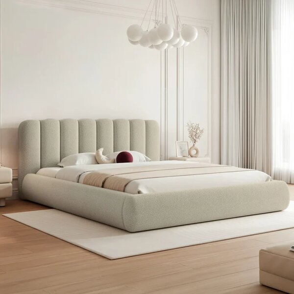 Łóżko Tapicerowane Slim 160x200 cm ARAVIO z Pojemnikiem Beżowe Boucle Japandi