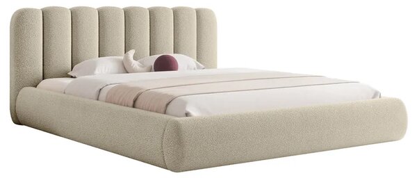 Łóżko Tapicerowane Slim 160x200 cm ARAVIO z Pojemnikiem Beżowe Boucle Japandi