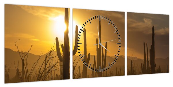Obraz - Kaktusy Saguaro (z zegarem) (90x30 cm)