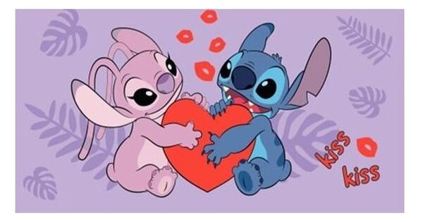 Fioletowy bawełniany ręcznik dziecięcy 70x140 cm Lilo and Stitch "Kiss" – Jerry Fabrics