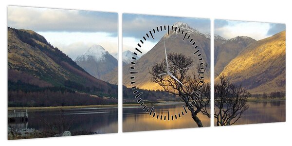Obraz - Góry nad jeziorem (z zegarem) (90x30 cm)