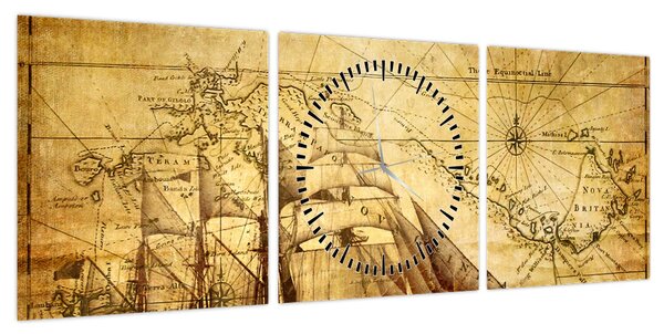 Obraz - Stara mapa (z zegarem) (90x30 cm)