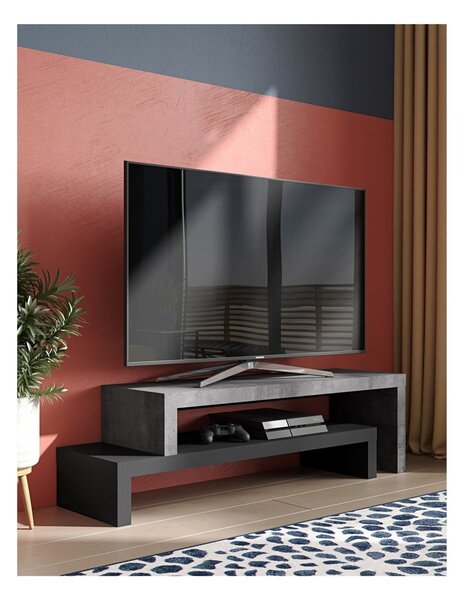 Podwójna czarna szafka pod TV z dekorem betonu TemaHome Cliff, 125x20 cm