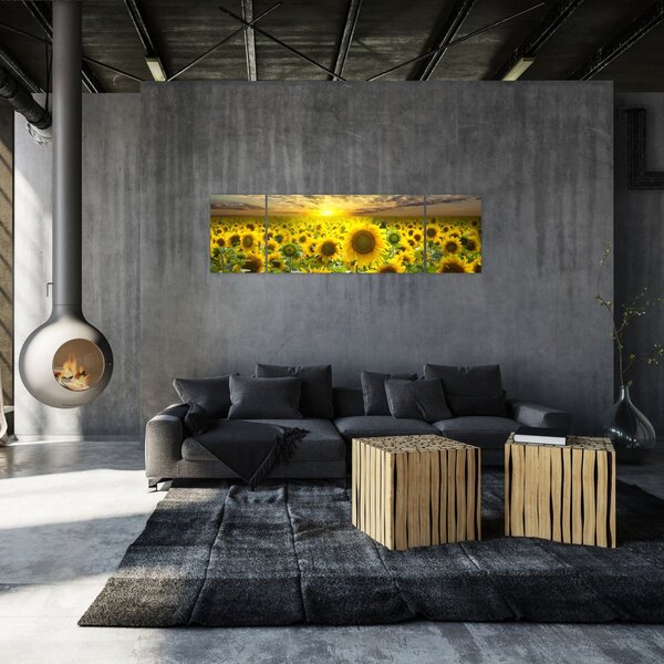 Obraz - Słoneczniki o zachodzie słońca (170x50 cm)