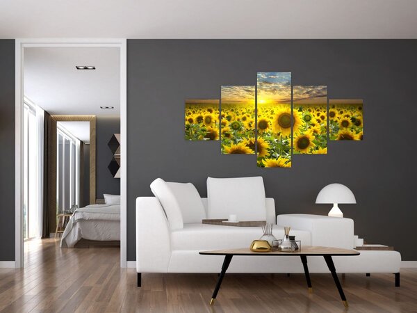 Obraz - Słoneczniki o zachodzie słońca (125x70 cm)