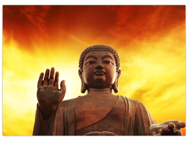 Obraz - Budda z czerwonym i żółtym tłem (70x50 cm)