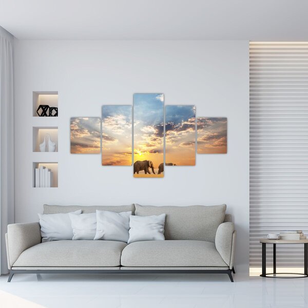 Obraz - Słonie wędrujące po sawannie (125x70 cm)