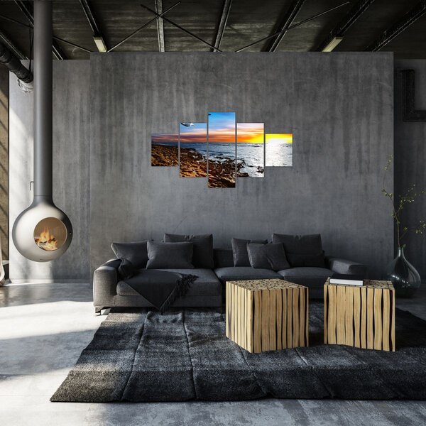 Obraz - Mewa lecąca nad wybrzeżem (125x70 cm)