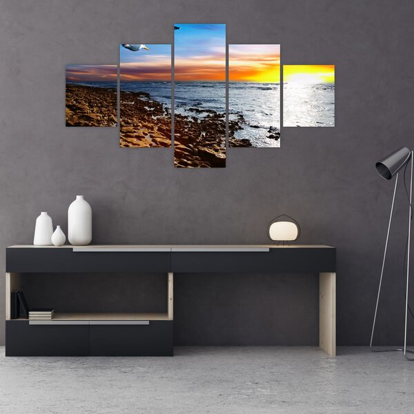 Obraz - Mewa lecąca nad wybrzeżem (125x70 cm)