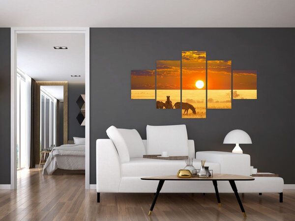 Obraz - Zebry z zachodem słońca (125x70 cm)