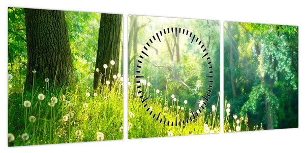 Obraz - Magiczna łąka pełna mniszków lekarskich (z zegarem) (90x30 cm)