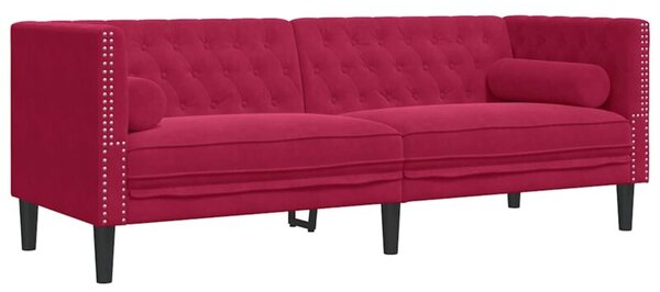Sofa chesterfield z waÅkami, trzyosobowa, bordowa, aksamit