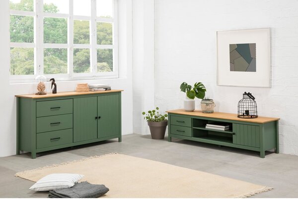 Zielono-naturalna niska komoda z litego drewna sosnowego 150x80 cm Miranda – Marckeric