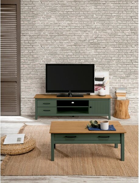 Zielono-naturalna szafka pod TV z litego drewna sosnowego 158x47 cm Miranda – Marckeric