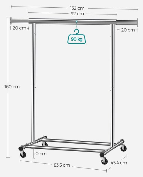 Stojak na ubrania INEZ na kółkach, maks. 90 kg, 83,5x45x160cm, srebrna Jurhan