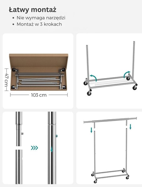 Stojak na ubrania INEZ na kółkach, maks. 90 kg, 83,5x45x160cm, srebrna Jurhan