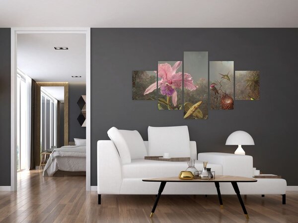 Obraz - Martin Johnson Heade, Cattleya Orchid and Three Hummingbirds, reprodukcje (125x70 cm)
