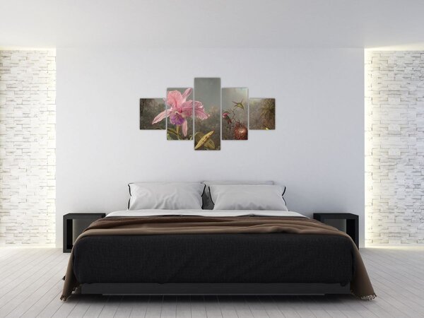 Obraz - Martin Johnson Heade, Cattleya Orchid and Three Hummingbirds, reprodukcje (125x70 cm)