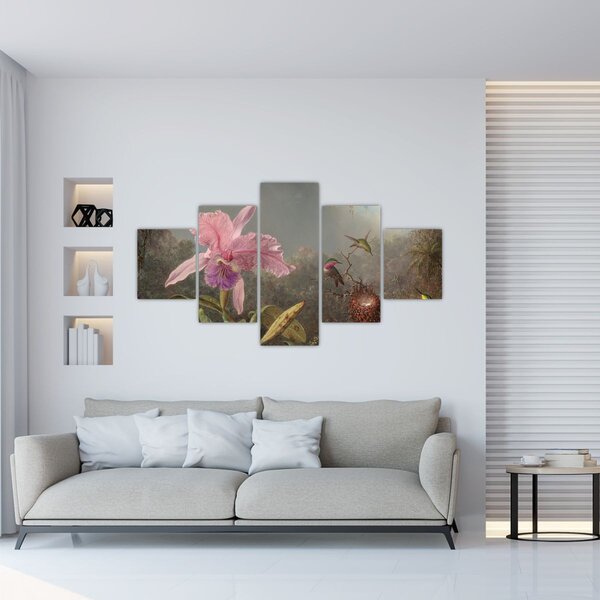 Obraz - Martin Johnson Heade, Cattleya Orchid and Three Hummingbirds, reprodukcje (125x70 cm)