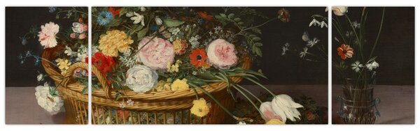 Obraz - Jan Brueghel the Elder, Flowers in a Basket and a Vase, reprodukcje (170x50 cm)