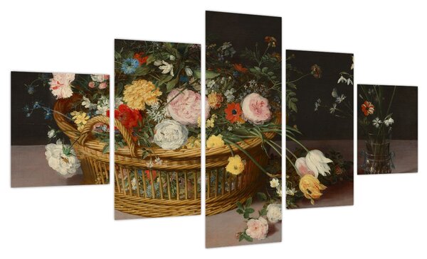 Obraz - Jan Brueghel the Elder, Flowers in a Basket and a Vase, reprodukcje (125x70 cm)