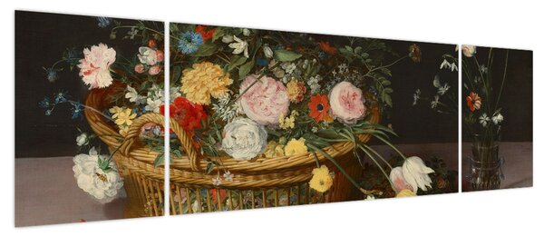 Obraz - Jan Brueghel the Elder, Flowers in a Basket and a Vase, reprodukcje (170x50 cm)