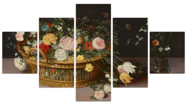 Obraz - Jan Brueghel the Elder, Flowers in a Basket and a Vase, reprodukcje (125x70 cm)