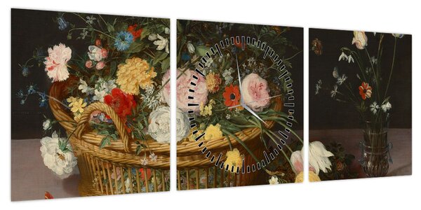 Obraz - Jan Brueghel the Elder, Flowers in a Basket and a Vase, reprodukcje (z zegarem) (90x30 cm)