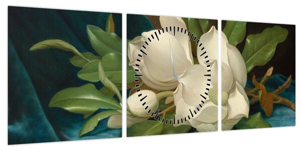 Obraz - Martin Johnson Heade, Giant Magnolias on a Blue Velvet Cloth, reprodukcje (z zegarem) (90x30 cm)