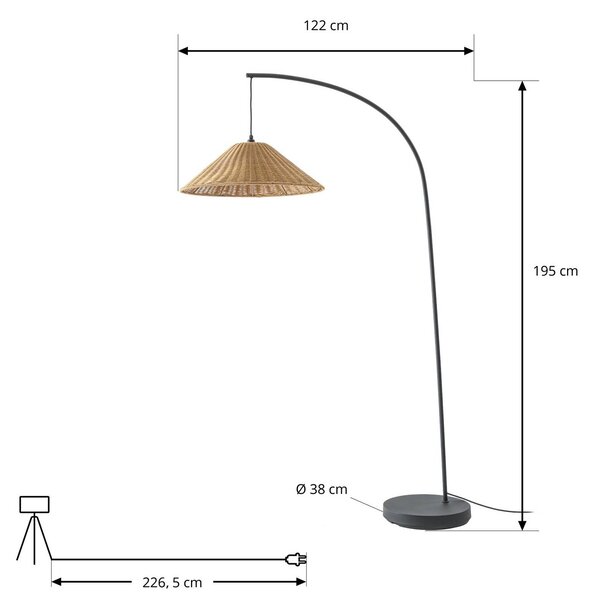 Lucande Lampa stojąca zewnętrzna Taniola, stożkowa, rattan, 195 cm, IP44 Taniola, ciemne drewno, drewno, dworkowy / rustykalny