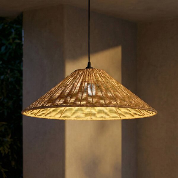Lampa wisząca zewnętrzna Lucande Taniola, 1-punktowa, stożkowa, Ø 60 cm Taniola Lucande, możliwość ściemniania, ciemne drewno, drewno, dworkowy / rustykalny