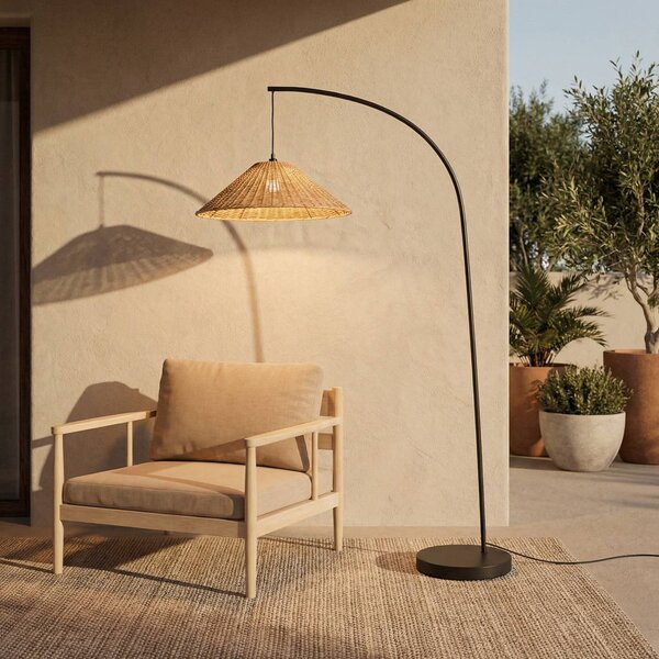 Lucande Lampa stojąca zewnętrzna Taniola, stożkowa, rattan, 195 cm, IP44 Taniola, ciemne drewno, drewno, dworkowy / rustykalny