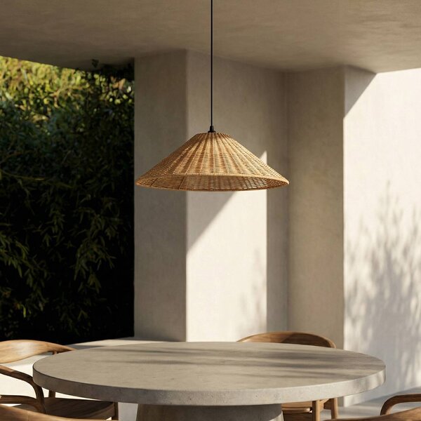 Lampa wisząca zewnętrzna Lucande Taniola, 1-punktowa, stożkowa, Ø 60 cm Taniola Lucande, możliwość ściemniania, ciemne drewno, drewno, dworkowy / rustykalny
