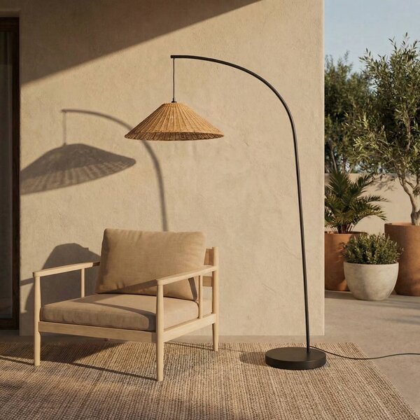 Lucande Lampa stojąca zewnętrzna Taniola, stożkowa, rattan, 195 cm, IP44 Taniola, ciemne drewno, drewno, dworkowy / rustykalny