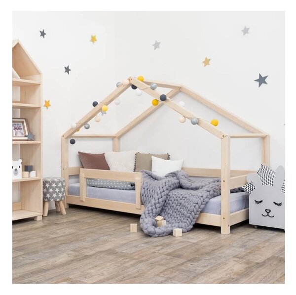 Drewniane łóżko dziecięce z konstrukcją w kształcie domku i z barierką Benlemi Lucky, 90x160 cm
