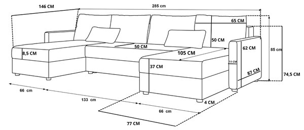 Rozkładana sofa narożna w kształcie U VENORIA 285x146 cm, petrolowa + 2 poduszki GRATIS
