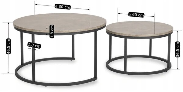 Zestaw Stolików Kawowych ROCKY MAX 60 cm/80 cm Szary Beton Nowoczesny Loft
