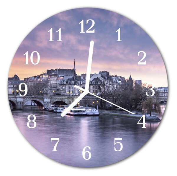 Zegar szklany okrągły Miasto rzeki