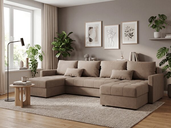 Rozkładana sofa narożna w kształcie U VENORIA 285x146 cm, beżowa + 2 poduszki GRATIS