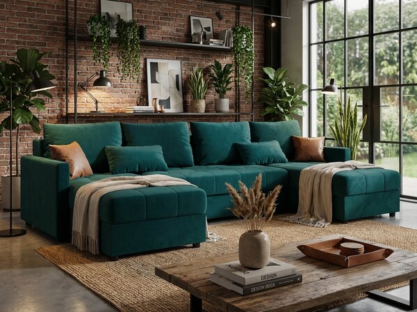 Rozkładana sofa narożna w kształcie U VENORIA 285x146 cm, petrolowa + 2 poduszki GRATIS