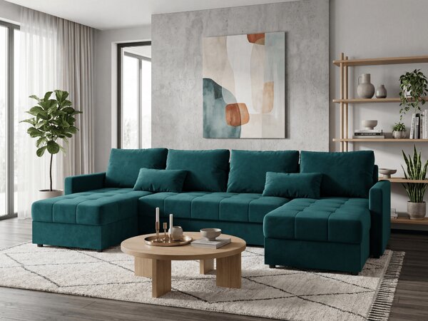 Rozkładana sofa narożna w kształcie U VENORIA 285x146 cm, petrolowa + 2 poduszki GRATIS