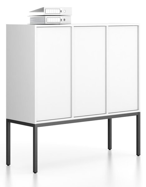 Szafa biurowa FRAME, niska, czarna podstawa, 3x drzwi, 1299 x 450 x 1331 mm, PUSH-lock, biały