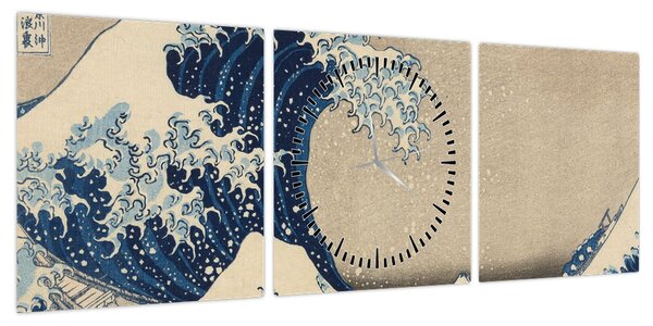 Obraz - Katsushika Hokusai, Under the Wave off Kanagawa, reprodukcje (z zegarem) (90x30 cm)