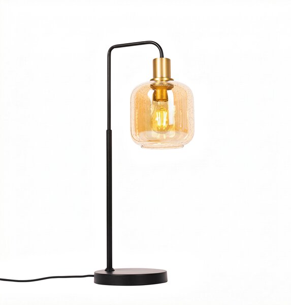 Designerska lampa stołowa czarna z mosiądzem i bursztynowym szkłem - Zuzanna
