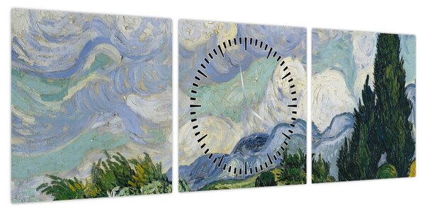 Obraz - Vincent van Gogh, Wheat Field with Cypresses, reprodukcje (z zegarem) (90x30 cm)