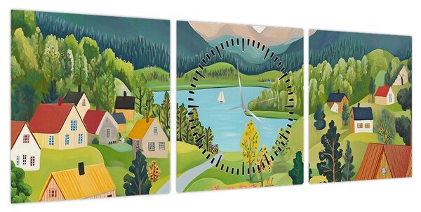 Obraz - Wioska w górach (z zegarem) (90x30 cm)