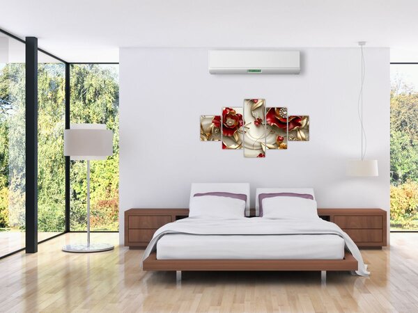Obraz - 3D czerwono-złote kwiaty (125x70 cm)